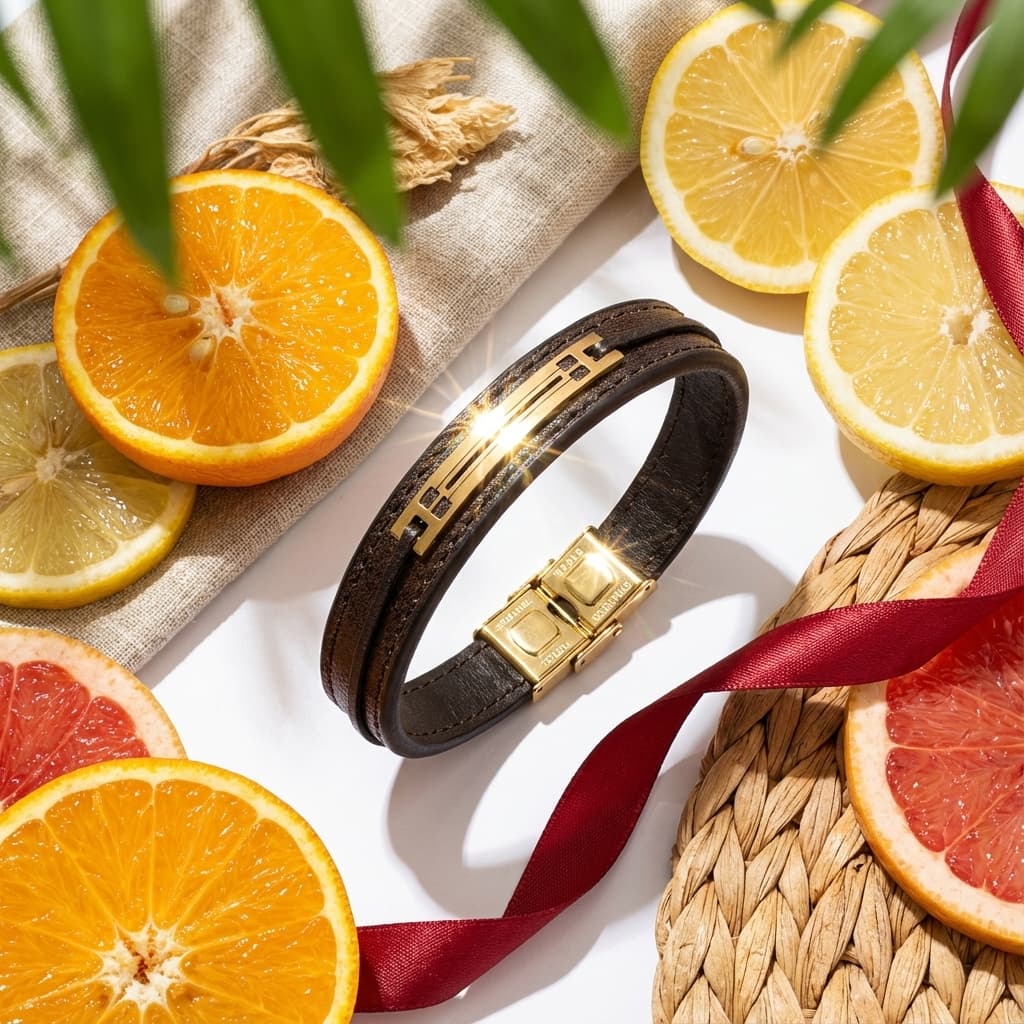 دستبند چرم مردانه با پلاک طلا