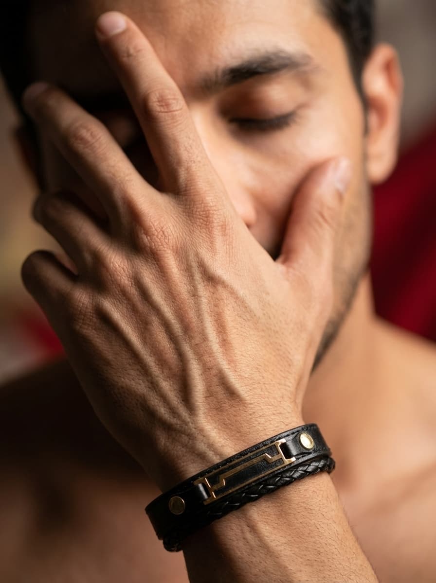 دستبند چرم مردانه با پلاک طلا