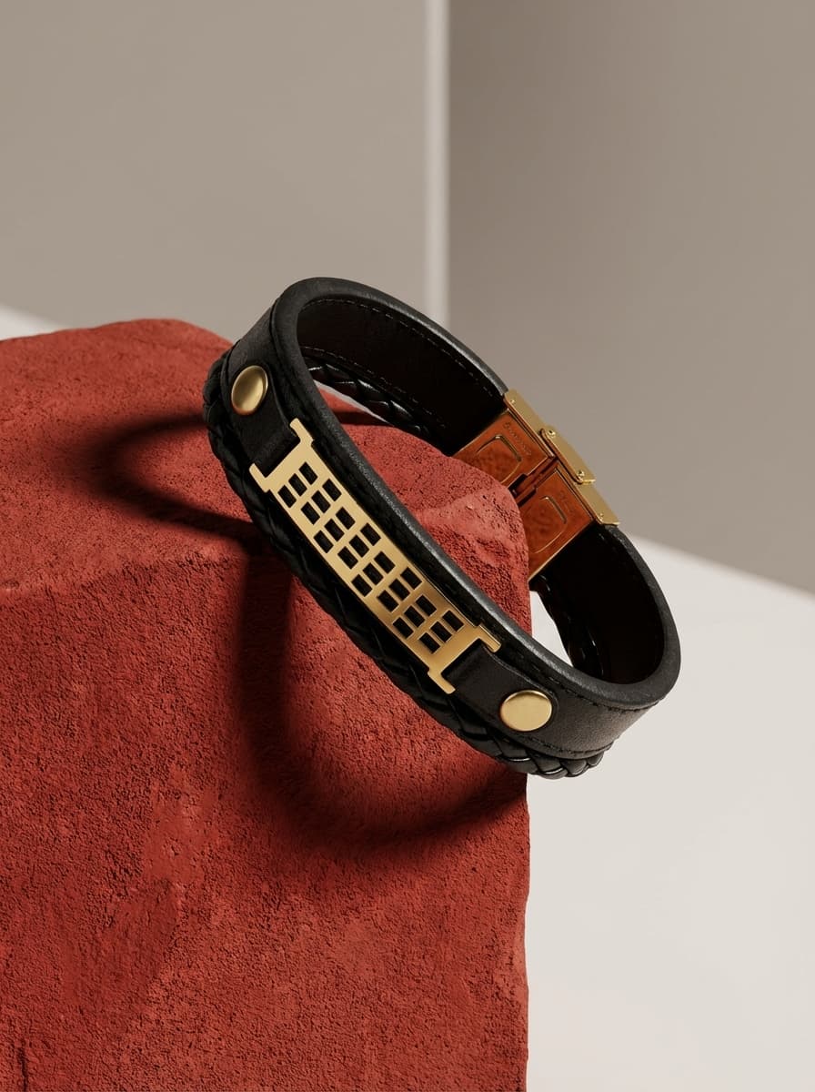 دستبند چرم مردانه با پلاک طلا