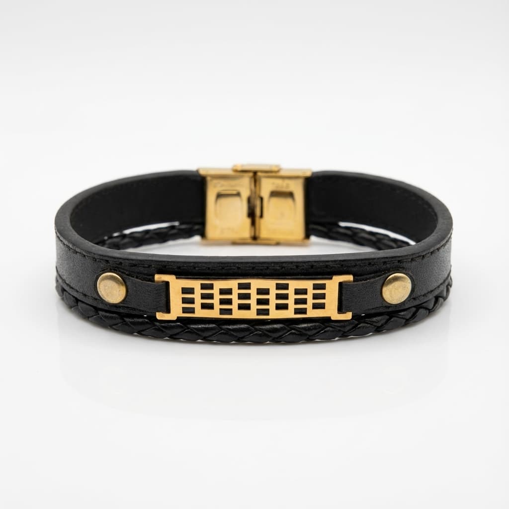 دستبند چرم مردانه با پلاک طلا