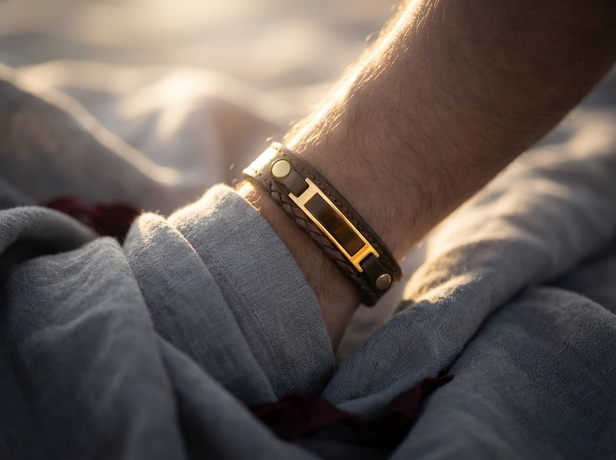 دستبند چرم مردانه با پلاک طلا