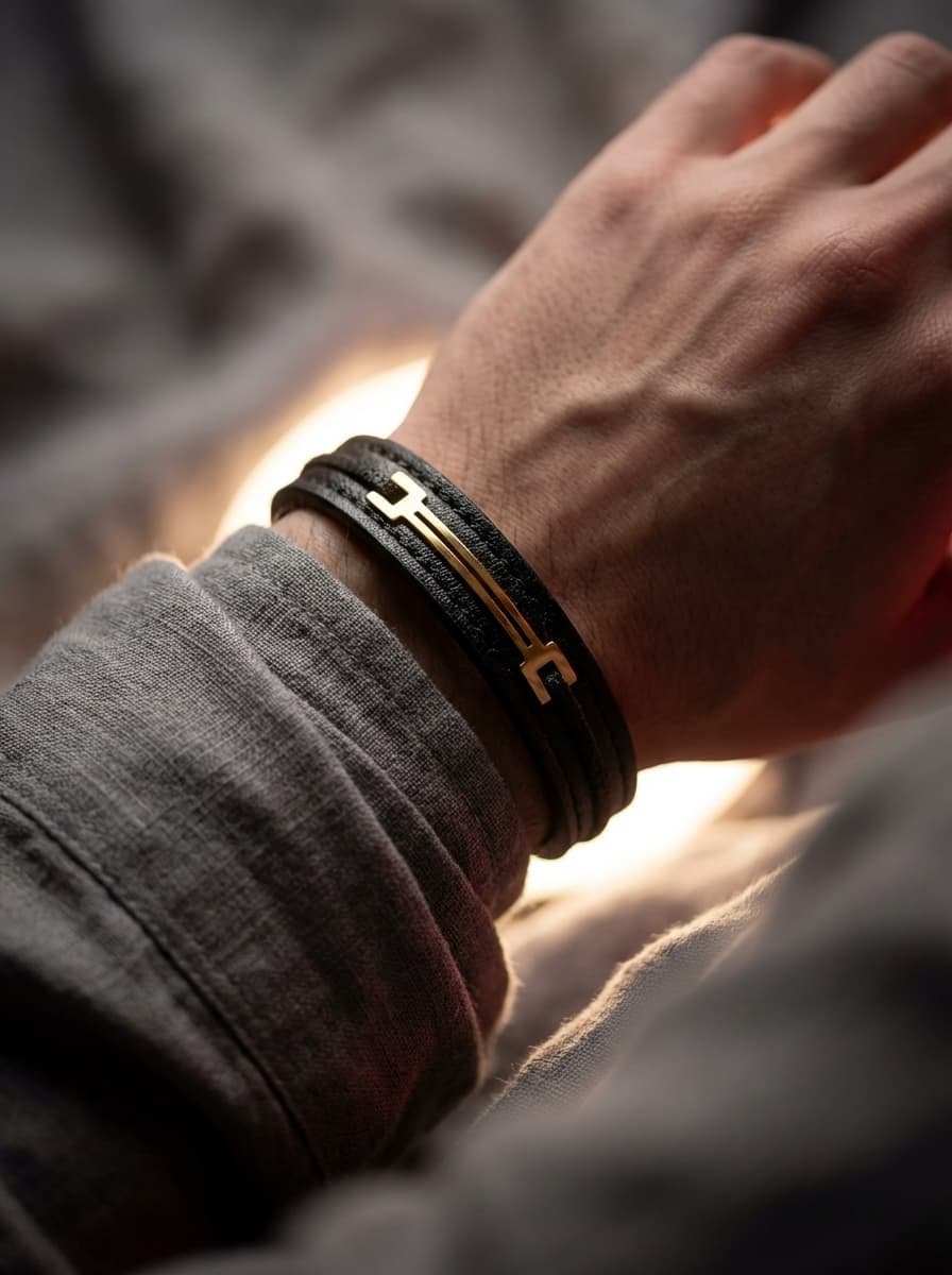 دستبند چرم مردانه با پلاک طلا