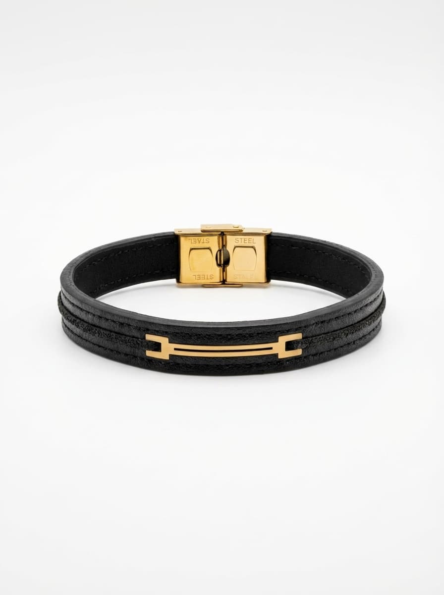 دستبند چرم مردانه با پلاک طلا