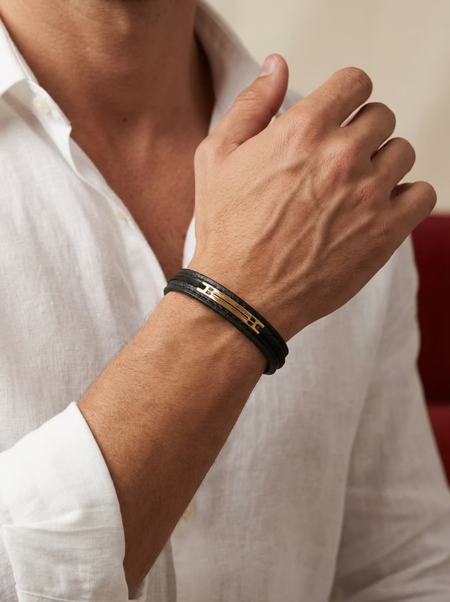 دستبند چرم مردانه با پلاک طلا