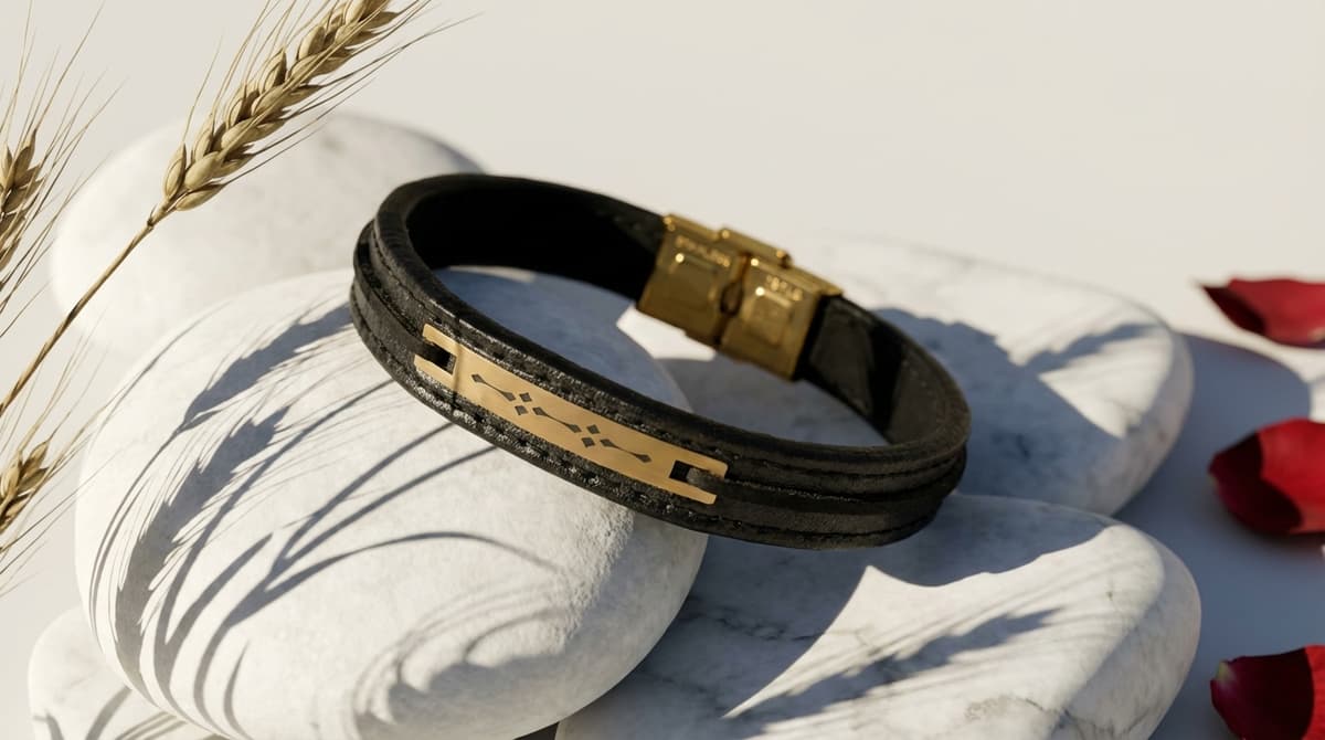 دستبند چرم مردانه با پلاک طلا